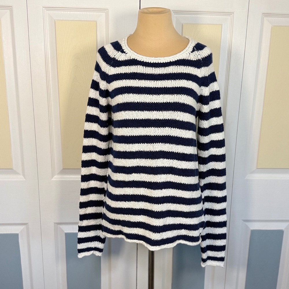 Christian Siriano New York Striped Heart Elbow Patch Cotton Sweater Navy White M